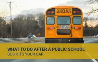 Yellow school bus on a road with trees in the background, suggesting post-accident safety guidance.
