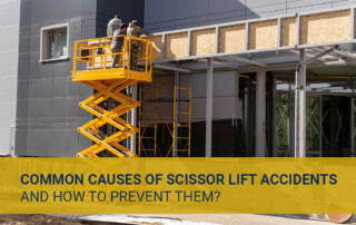 Two workers on a scissor lift beside a building, with a yellow banner about lift accident prevention.