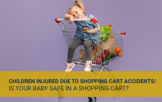 A toddler sleeps in a grocery cart filled with produce against a purple background.