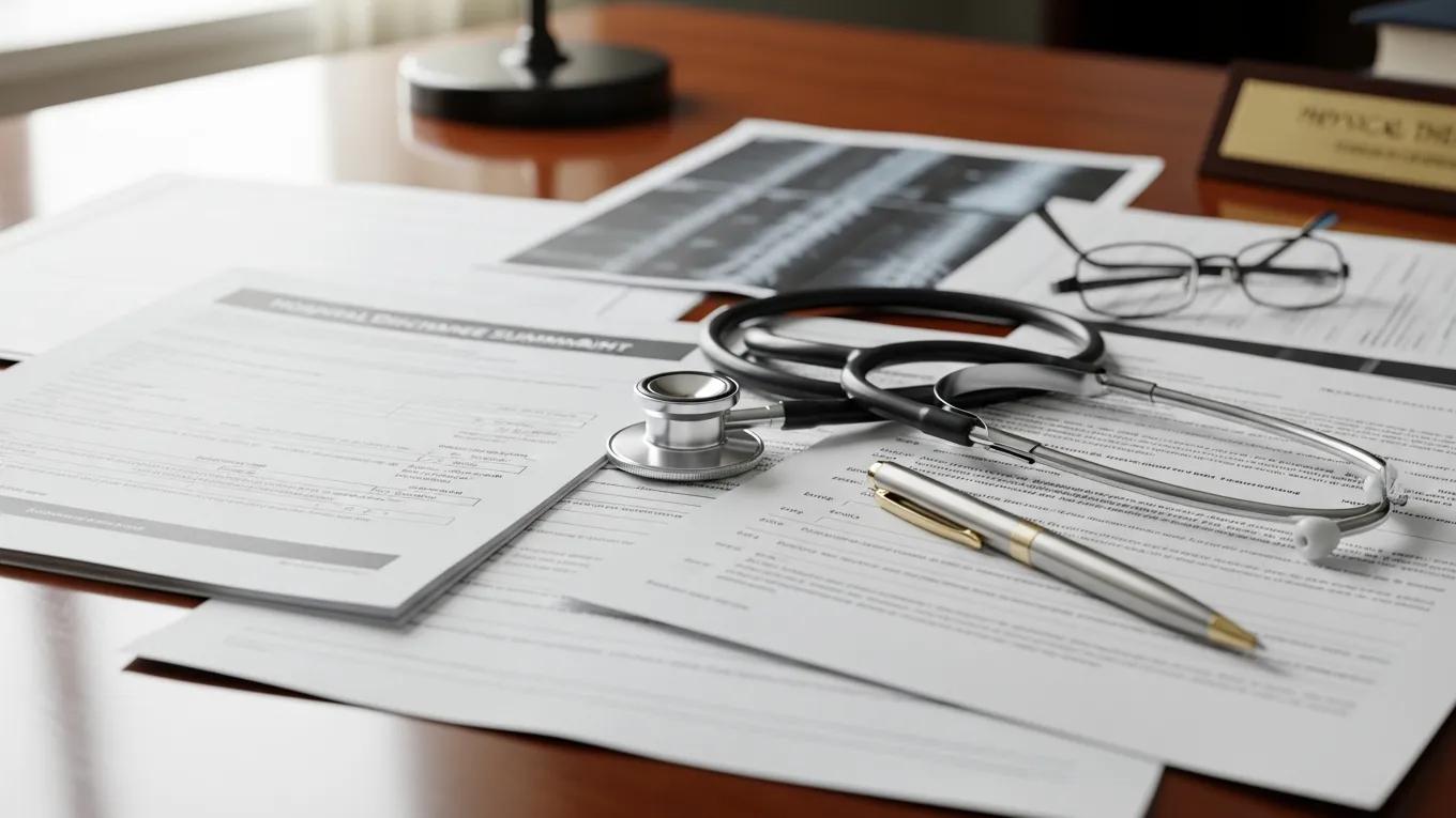Close-up of medical records and injury documentation on a desk