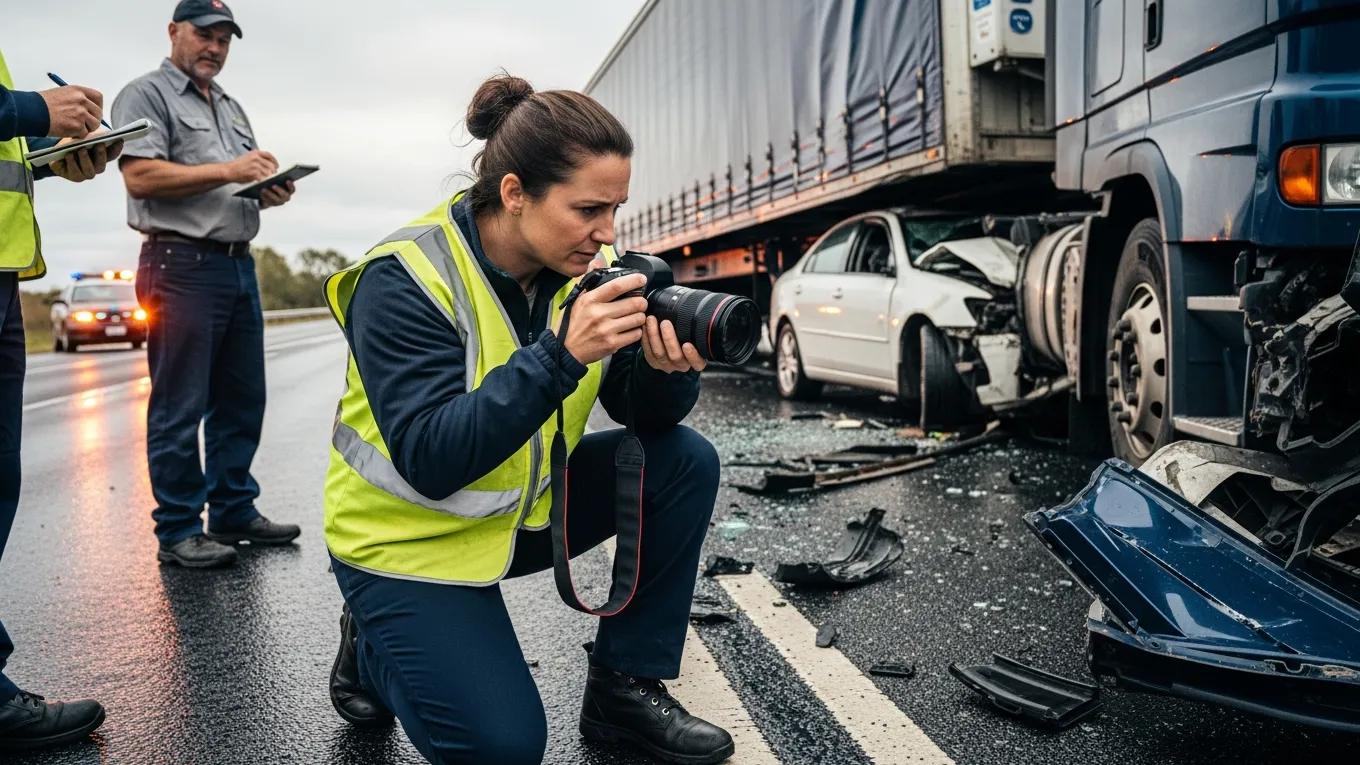 Person collecting evidence at a truck accident scene, documenting details