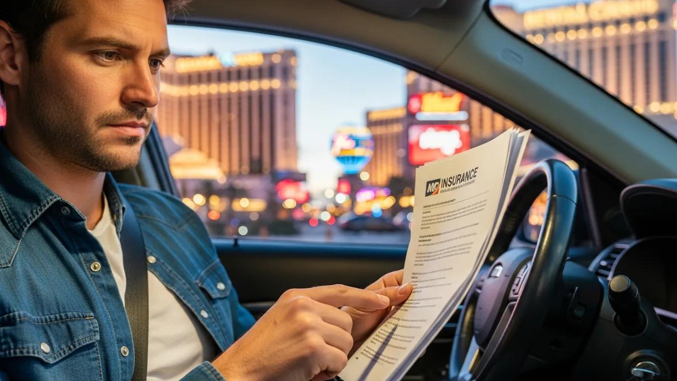 Tourist reviewing insurance documents in a rental car, emphasizing the importance of understanding insurance coverage