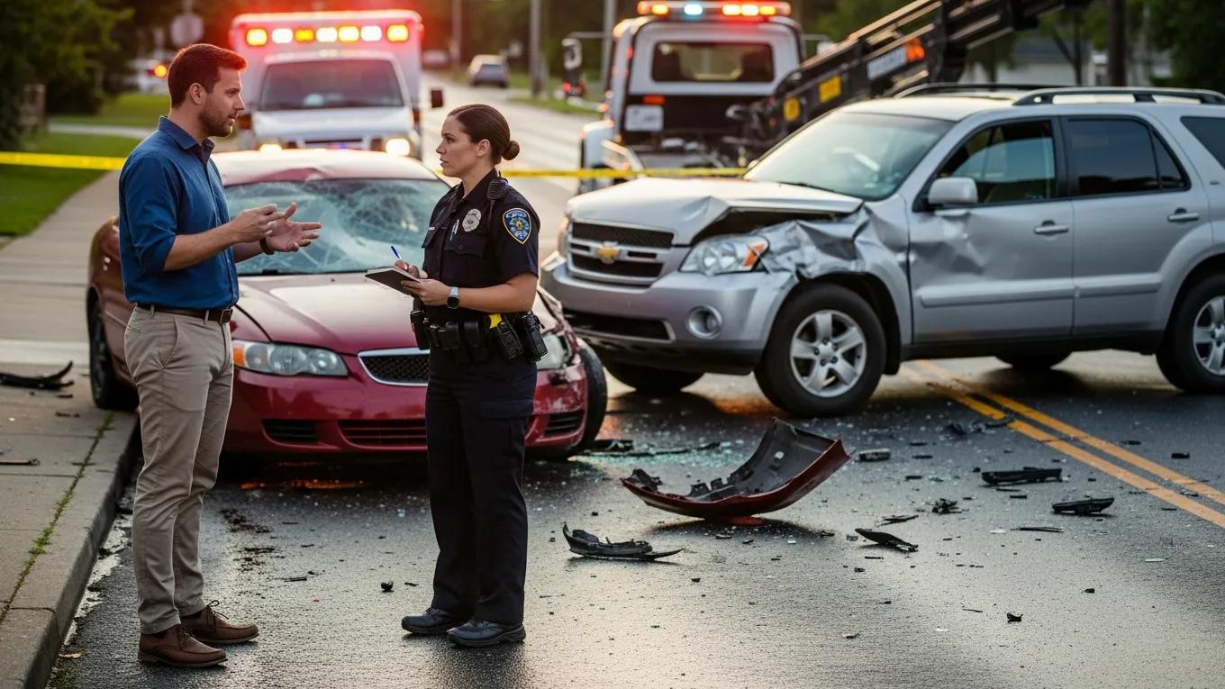 Witness providing testimony to a police officer at a car accident scene